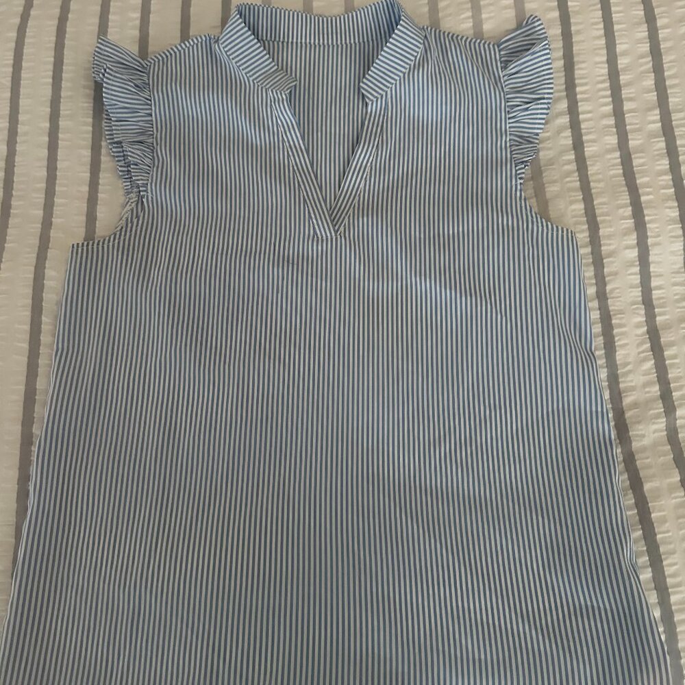 Blue & White Striped Ruffle Sleeve Blouse – Size Small